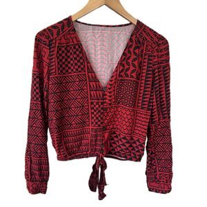 Hawaii's Finest Hawaiian Tribal Elastic Crop Front Tie Long Sleeve Blouse Top M